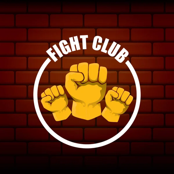 fight club vector logo with orange man fist isolated on brick wall background. MMA Mixed martial arts concept design template