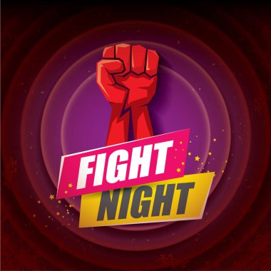 Metni ve güçlü yumruğu olan modern gece vektörü posteri. Güreş ya da dövüş kulübü amblemi tasarım şablonu. dövüş etiketi siyah arkaplanda izole edildi