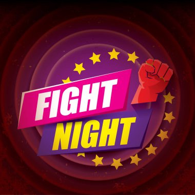 Metni ve güçlü yumruğu olan modern gece vektörü posteri. Güreş ya da dövüş kulübü amblemi tasarım şablonu. dövüş etiketi siyah arkaplanda izole edildi