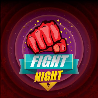 Metni ve güçlü yumruğu olan modern gece vektörü posteri. Güreş ya da dövüş kulübü amblemi tasarım şablonu. dövüş etiketi siyah arkaplanda izole edildi