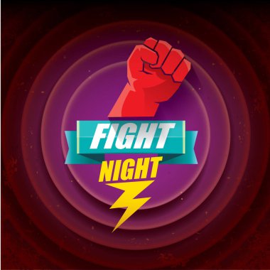 Metni ve güçlü yumruğu olan modern gece vektörü posteri. Güreş ya da dövüş kulübü amblemi tasarım şablonu. dövüş etiketi siyah arkaplanda izole edildi
