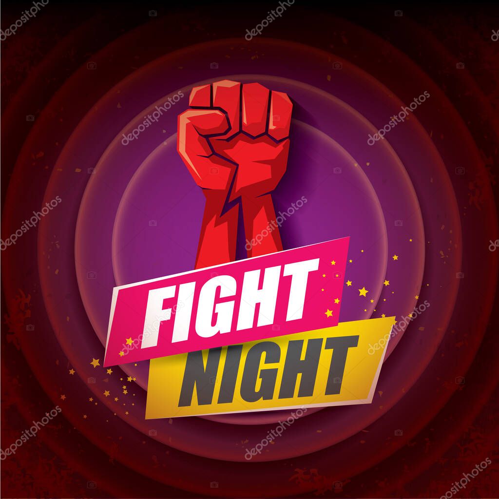 Fight night modern poster with text and red strong fist. mma, wrestling or fight club emblem design template