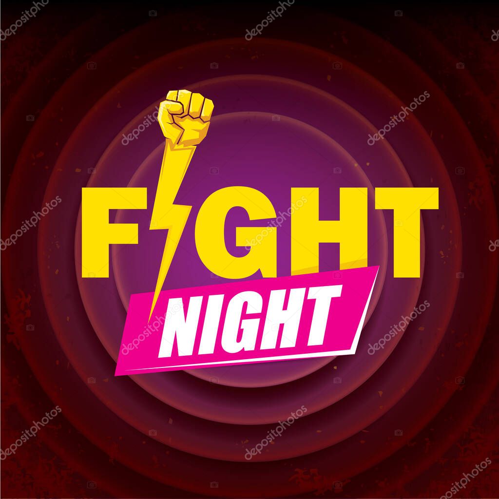 Fight night modern poster with text and red strong fist. mma, wrestling or fight club emblem design template