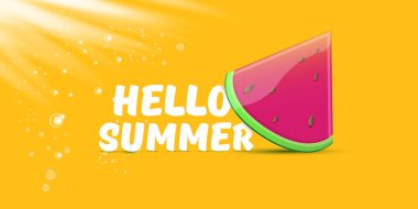 Vector Hello Summer Beach Party yatay afiş tasarımı şablonu turuncu arka planda izole edilmiş taze karpuz dilimi. Merhaba yaz konsepti etiketi veya içinde meyve ve tipografik metin olan poster.
