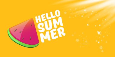 Vector Hello Summer Beach Party yatay afiş tasarımı şablonu turuncu arka planda izole edilmiş taze karpuz dilimi. Merhaba yaz konsepti etiketi veya içinde meyve ve tipografik metin olan poster.