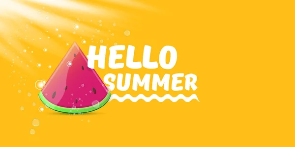Vector Hello Summer Beach Party banner horizontal Modelo de design com fatia de melancia fresca isolada no fundo laranja. Olá verão conceito rótulo ou cartaz com frutas e texto tipográfico . —  Vetores de Stock