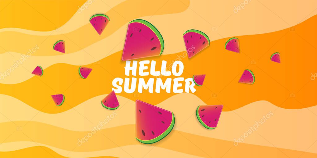 Vector Hello Summer Beach Party horizontal banner Design template with fresh watermelon slice isolated on orange background. Hello summer concept poster with fruit and typographic text.
