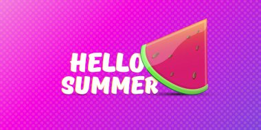 Vector Hello Summer Beach Party yatay afiş tasarım şablonu menekşe arka planında izole edilmiş taze karpuz dilimi. Merhaba yaz konsepti etiketi veya içinde meyve ve tipografik metin olan poster.