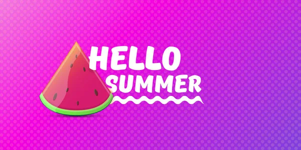 Vector Hello Summer Beach Party horizontal banner Design template with fresh watermelon slice isolated on violet background. Hello summer concept label or poster with fruit and typographic text. — Stock Vector