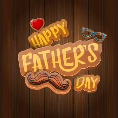 Babalar Günü vektör karikatür tebrik kartın kutlu olsun. Babalar Günü etiketi ya da simgesi ahşap arkaplanda izole edilmiş