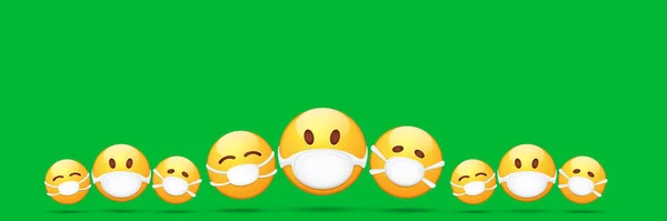 病媒Emoji护士贴纸套嘴医疗保护面具隔离绿色水平背景。黄笑面容性格,白色外科口罩.自我孤立的概念 — 图库矢量图片