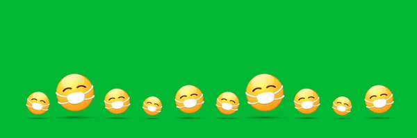 Vector Emoji Krankenschwester Aufkleber Set mit Mund medizinische Schutzmaske isoliert auf grünem horizontalen Hintergrund. Gelbes Lächeln Gesicht Charakter mit weißen Chirurgenmaske. Konzept der Selbstisolierung — Stockvektor