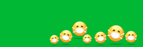 Conjunto de pegatinas de enfermera Vector Emoji con máscara de protección médica de boca aislada sobre fondo horizontal verde. Cara de sonrisa amarilla con máscara de cirujano blanco. Concepto de autoaislamiento ilustración — Archivo Imágenes Vectoriales