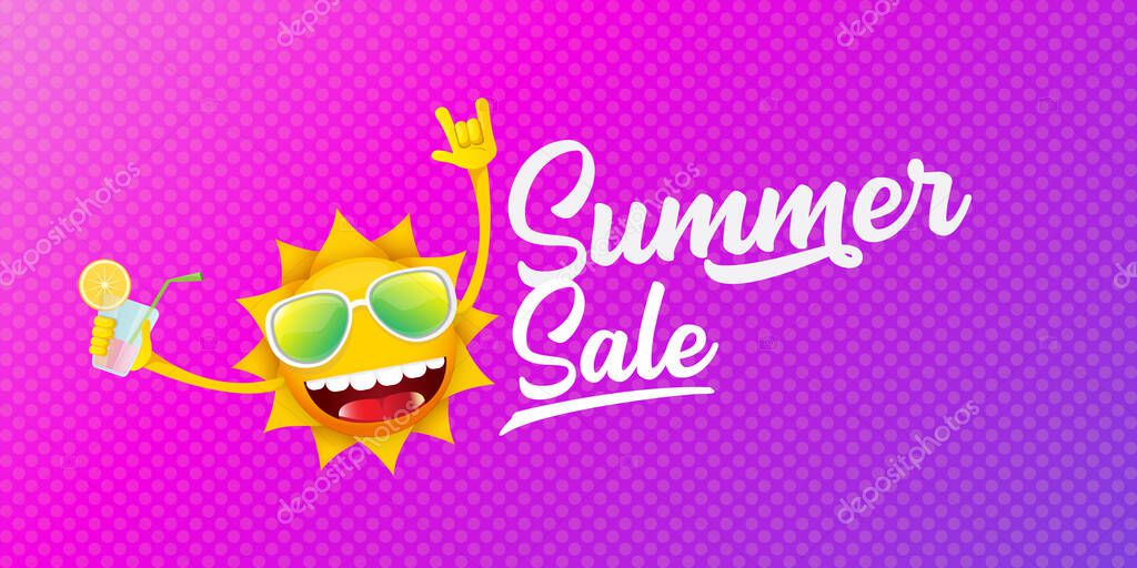 Summer sale horizontal banner or vector label with summer happy sun character wearing sunglasses and holding cocktail isolated on violet horizontal background
