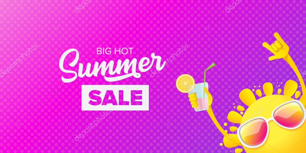 Summer sale horizontal banner or vector label with summer happy sun character wearing sunglasses and holding cocktail isolated on violet horizontal background