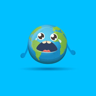 Mavi arka planda izole edilmiş şirin ağlayan bebek gezegen karakteri. Konsept tasarım parti şablonunun altında komik kawaii dünya küresi ve gözyaşları var