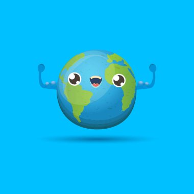 Mavi arka planda izole edilmiş sevimli, gülümseyen bir dünya karakteri. Eath Day konsept tasarım parti poster şablonu ile komik kawaii dünya küresi