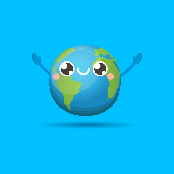 Cartoon cute smiling earth planet character isolated on blue background. Eath day concept design party poster template with funny kawaii earth globe — Stock Vector