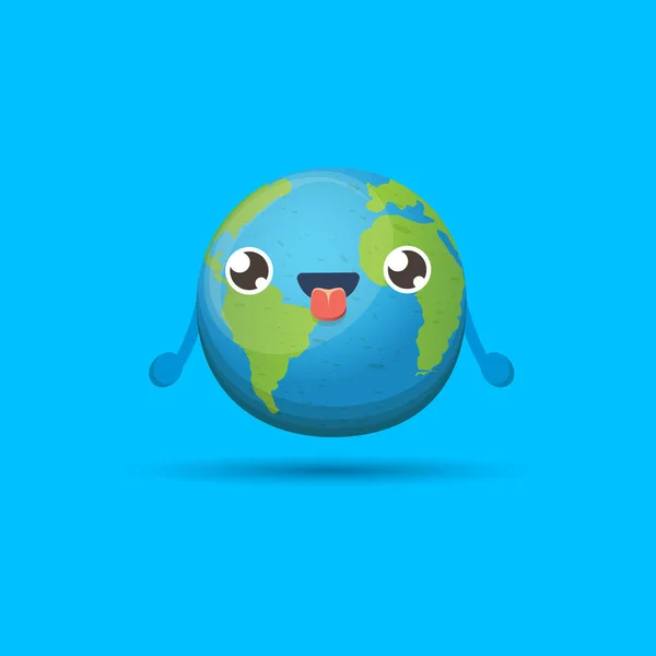 Caricature mignon souriant planète Terre personnage isolé sur fond bleu. Modèle d'affiche de fête de conception de concept de jour Eath avec globe de terre kawaii drôle — Image vectorielle