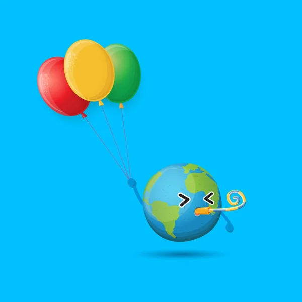 Cartoon cute earth planet character holding balloons isolated on blue background. Earth day or save the earth concept party poster design template with funny earth globe on party. Happy birthday — Stock Vector