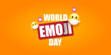 Dünya emoji günü gülümsemeli yatay pankartı Ağız tıbbi koruma maskeli Emoji çıkartması turuncu arka planda izole edilmiş.