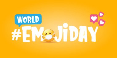 Dünya emoji günü gülümsemeli yatay pankartı Ağız tıbbi koruma maskeli Emoji çıkartması turuncu arka planda izole edilmiş.