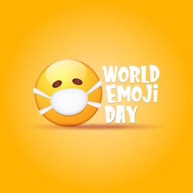 Dünya emoji günü tebrik kartı veya gülümsemeli pankart Ağız tıbbi koruma maskeli Emoji çıkartması turuncu arka planda izole edilmiş.