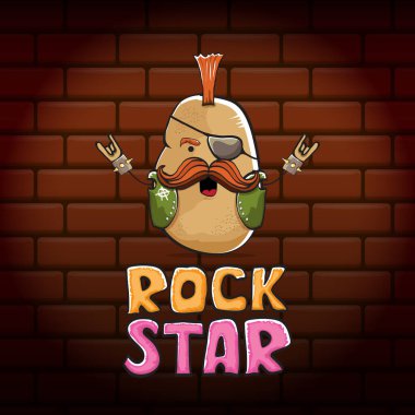 Iroquois tuğla duvar arkasında izole edilmiş sevimli kahverengi punk rock yıldızı patates karakteri vektör komik çizgi film. Rock yıldızı konsepti baskısı. Rock n rock hipster Sebze funky karakteri