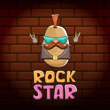 Iroquois tuğla duvar arkasında izole edilmiş sevimli kahverengi punk rock yıldızı patates karakteri vektör komik çizgi film. Rock yıldızı konsepti baskısı. Rock n rock hipster Sebze funky karakteri