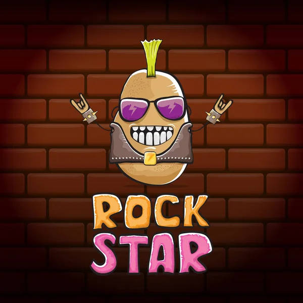 Vektor lustig Cartoon niedlichen braunen Punk Rockstar Kartoffelfigur mit Irokesen isoliert auf Backstein-Wand-Hintergrund. Gesteinsstern-Vektor-Konzept drucken. Rock n Rock Hipster Gemüse funky Charakter — Stockvektor