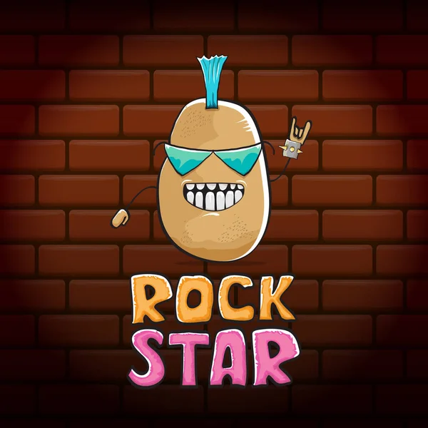 Vector funny cartoon cute brown punk rock star potato character with Iroquois isolated on brick wall background. ROck star vector concept print. rock n rock hipster vegetable funky character — Stock Vector