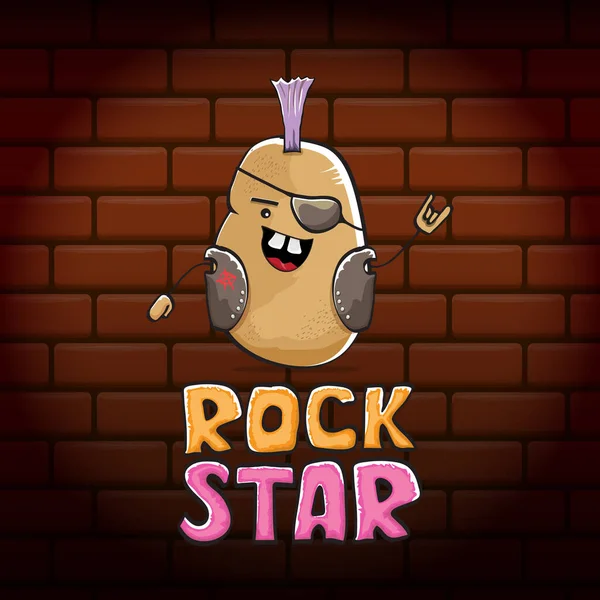 Διάνυσμα αστεία κινούμενα σχέδια χαριτωμένο καφέ punk ροκ σταρ χαρακτήρα πατάτας με Iroquois απομονώνονται σε φόντο τούβλο τοίχο. Εκτυπώστε την έννοια του διανύσματος αστεριών Rok. ροκ εν ροκ hipster λαχανικών funky χαρακτήρα — Διανυσματικό Αρχείο