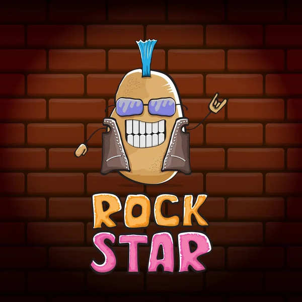 벡터웃긴 갈색의 펑크 락 스타 감자 캐릭터와 이로쿼이 가벽돌 벽 배경에 고립되어 있습니다. ROck star vector 컨셉트 출력. 돌로 만든 히프 스터 야채 펑키 캐릭터 — 스톡 벡터