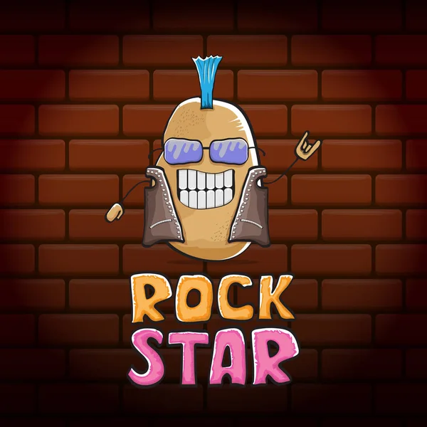 Vector divertido de dibujos animados lindo punk marrón estrella de rock personaje de la patata con iroquois aislado en el fondo de la pared de ladrillo. ROck estrella vector concepto de impresión. rock n rock hipster vegetal funky carácter — Archivo Imágenes Vectoriales