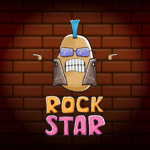 Vektor vicces rajzfilm aranyos barna punk rock sztár burgonya karakter Iroquois elszigetelt téglafal háttér. ROck csillag vektor koncepció lenyomat. rock n rock hipster növényi funky karakter — Stock Vector