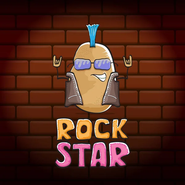 Vektor lustig Cartoon niedlichen braunen Punk Rockstar Kartoffelfigur mit Irokesen isoliert auf Backstein-Wand-Hintergrund. Gesteinsstern-Vektor-Konzept drucken. Rock n Rock Hipster Gemüse funky Charakter — Stockvektor