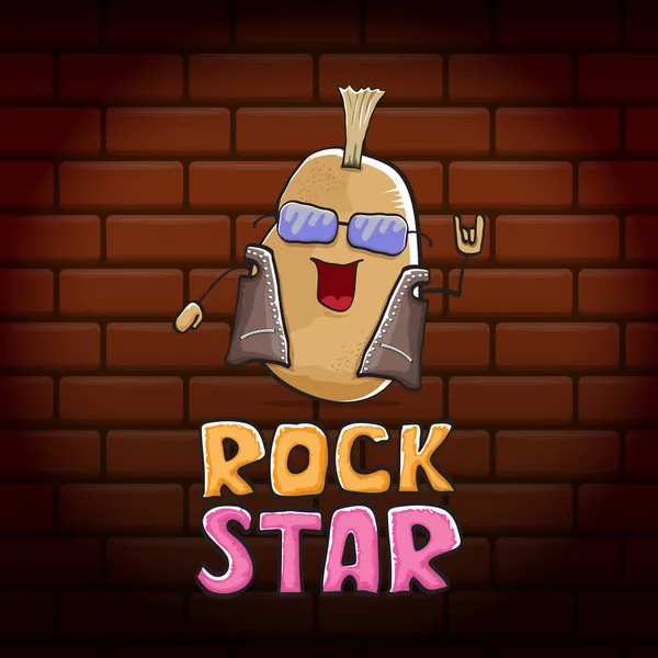 Vector funny cartoon cute brown punk rock star potato character with Iroquois isolated on brick wall background. ROck star vector concept print. rock n rock hipster vegetable funky character — Stock Vector