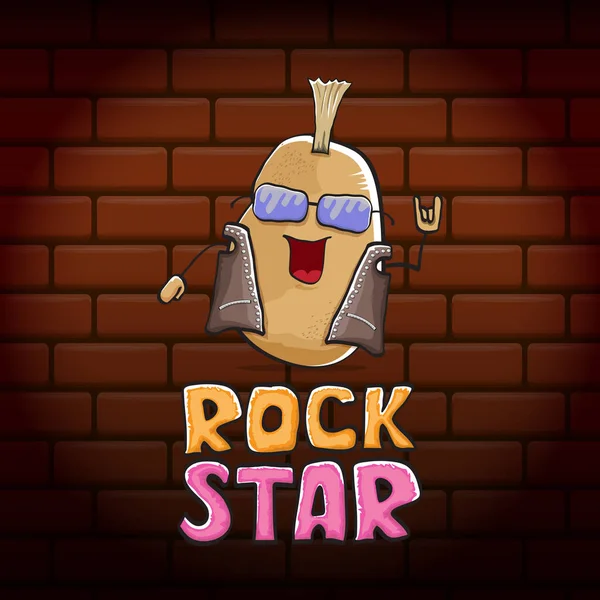 Vecteur drôle dessin animé mignon punk brun rock star personnage de pomme de terre avec Iroquois isolé sur fond de mur de briques. Impression concept vectorielle étoile ROck. rock n rock hipster légume funky caractère — Image vectorielle