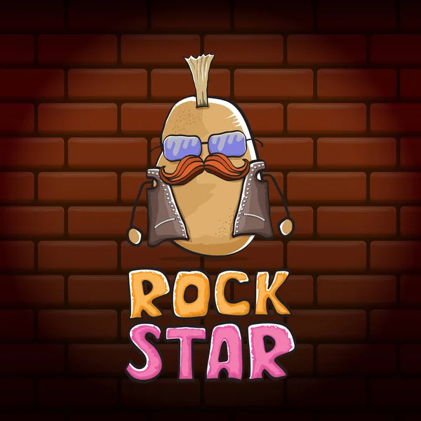 Vector funny cartoon cute brown punk rock star potato character with Iroquois isolated on brick wall background. ROck star vector concept print. rock n rock hipster vegetable funky character — Stock Vector