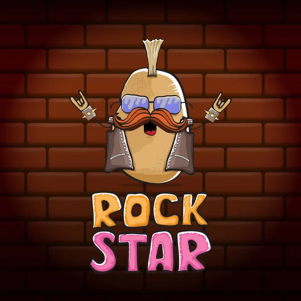 Διάνυσμα αστεία κινούμενα σχέδια χαριτωμένο καφέ punk ροκ σταρ χαρακτήρα πατάτας με Iroquois απομονώνονται σε φόντο τούβλο τοίχο. Εκτυπώστε την έννοια του διανύσματος αστεριών Rok. ροκ εν ροκ hipster λαχανικών funky χαρακτήρα — Διανυσματικό Αρχείο