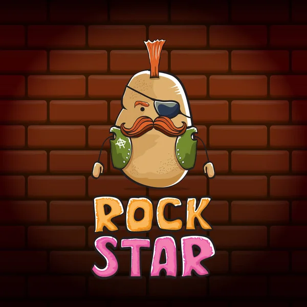 Vector grappig cartoon schattig bruin punk rock ster aardappel karakter met Iroquois geïsoleerd op baksteen muur achtergrond. Rock star vector concept print. rock n rock hipster groente funky karakter — Stockvector