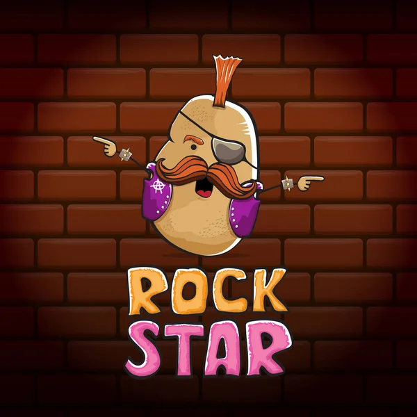 Vector funny cartoon cute brown punk rock star potato character with Iroquois isolated on brick wall background. ROck star vector concept print. rock n rock hipster vegetable funky character — Stock Vector