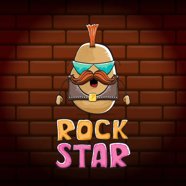 Vektor vicces rajzfilm aranyos barna punk rock sztár burgonya karakter Iroquois elszigetelt téglafal háttér. ROck csillag vektor koncepció lenyomat. rock n rock hipster növényi funky karakter — Stock Vector