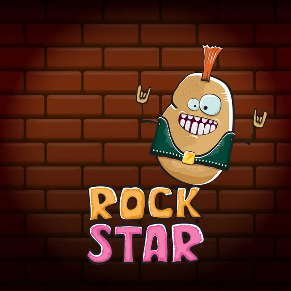 Vecteur drôle dessin animé mignon punk brun rock star personnage de pomme de terre avec Iroquois isolé sur fond de mur de briques. Impression concept vectorielle étoile ROck. rock n rock hipster légume funky caractère — Image vectorielle