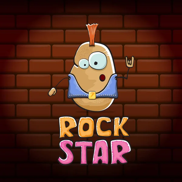 Vector grappig cartoon schattig bruin punk rock ster aardappel karakter met Iroquois geïsoleerd op baksteen muur achtergrond. Rock star vector concept print. rock n rock hipster groente funky karakter — Stockvector