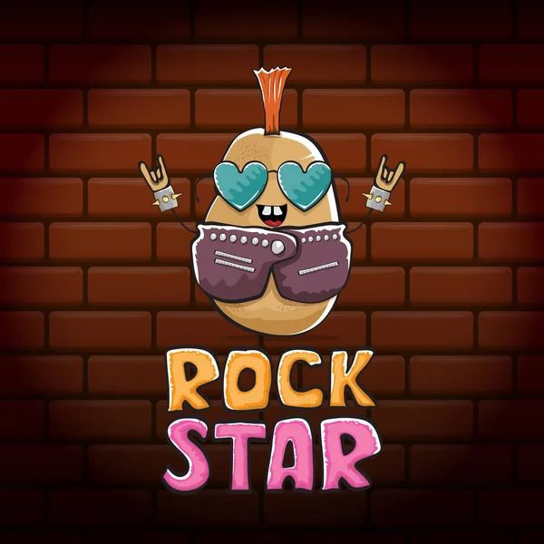 Vector funny cartoon cute brown punk rock star potato character with Iroquois isolated on brick wall background. ROck star vector concept print. rock n rock hipster vegetable funky character — Stock Vector