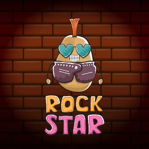 Vektor legrační karikatura roztomilý hnědý punk rocková hvězda bramborová postava s Iroquois izolované na cihlové zdi pozadí. Koncepce vektoru ROck Star. rock n rock hipster zelenina funky charakter — Stockový vektor