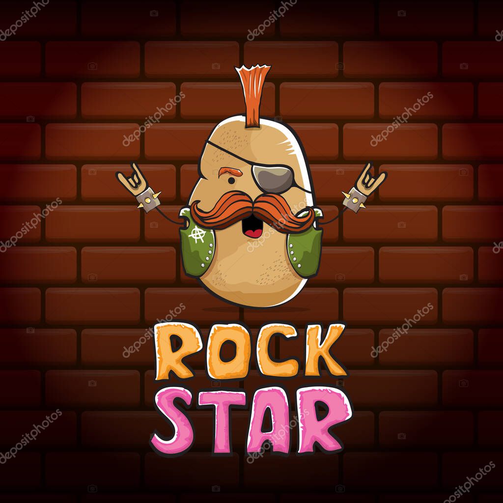 Vector funny cartoon cute punk rock star potato character with Iroquois isolated on brick wall background. ROck star vector concept print. rock n rock hipster vegetable funky character