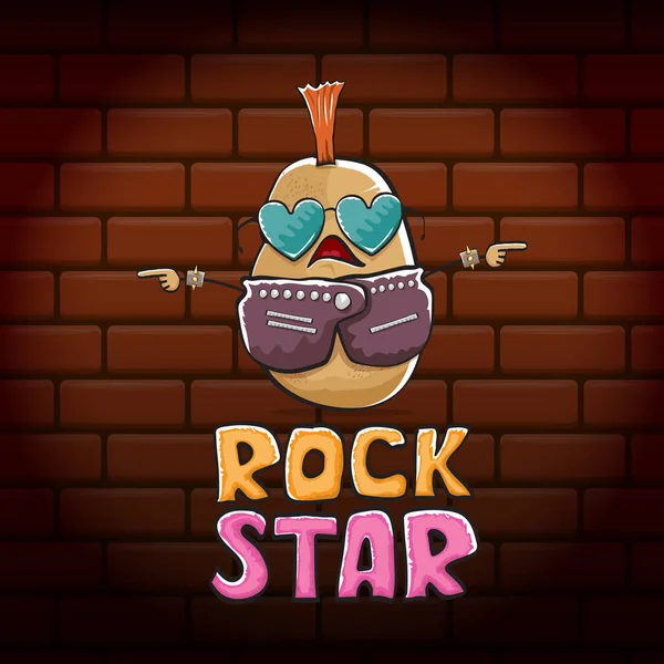 Vector divertido de dibujos animados lindo punk marrón estrella de rock personaje de la patata con iroquois aislado en el fondo de la pared de ladrillo. ROck estrella vector concepto de impresión. rock n rock hipster vegetal funky carácter — Vector de stock