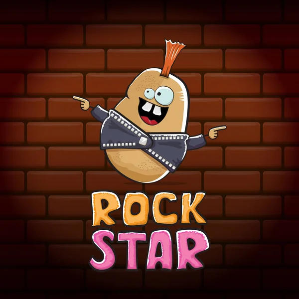 Vector grappig cartoon schattig bruin punk rock ster aardappel karakter met Iroquois geïsoleerd op baksteen muur achtergrond. Rock star vector concept print. rock n rock hipster groente funky karakter — Stockvector